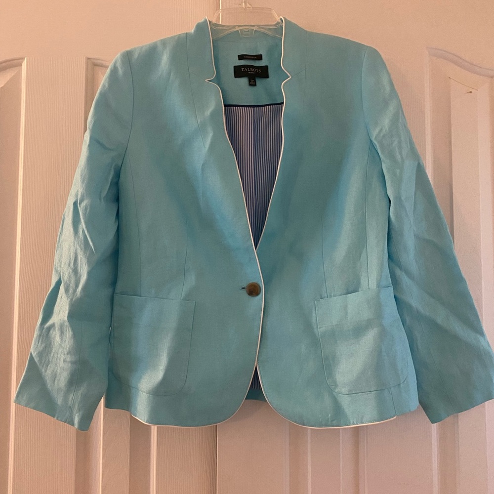Talbots Light Blue Linen Turquoise Jacket 12P Lined with Nautical Buttons